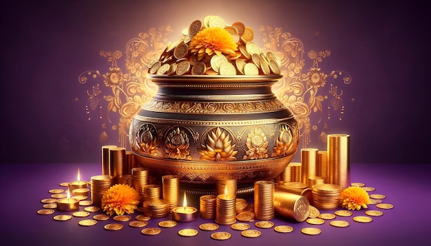 Photo illustration réaliste de l'akshaya tritiya avec un pot d'or débordant de pièces d'or