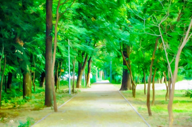 Illustration réaliste artistique du parc d'été avec beaucoup d'arbres verts et d'herbe par une journée claire et ensoleillée