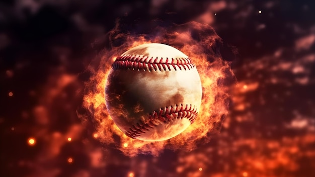 illustration réaliste d'une balle de baseball enveloppée de flammes sur fond sombre