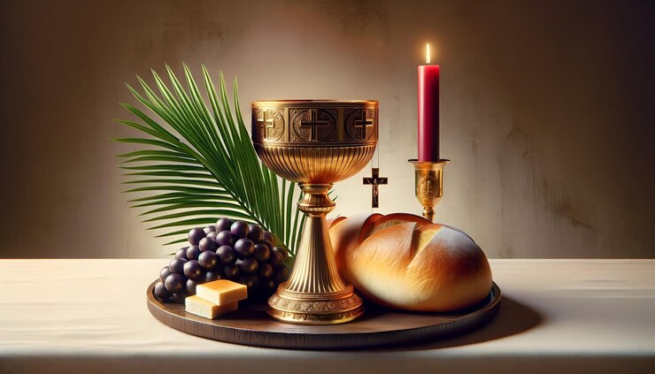 Illustration réaliste du corpus christi avec un calice, du pain, des raisins et une bougie
