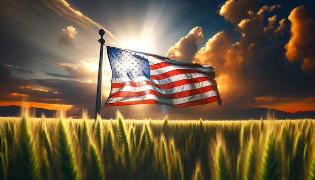 Illustration réaliste du drapeau américain sur un mât de drapeau dans un champ de blé