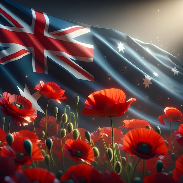 Illustration réaliste du jour d'Anzac avec des fleurs de pavot rouge et le drapeau de l'Australie