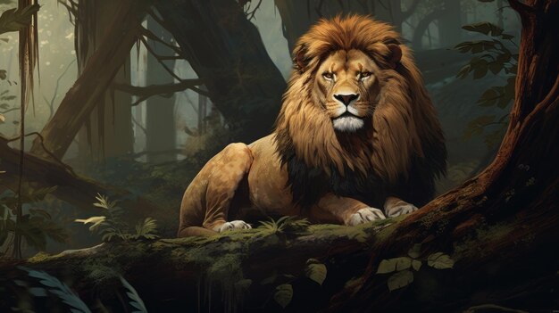 Photo illustration réaliste du lion dans le papier peint de la forêt de dfs hd