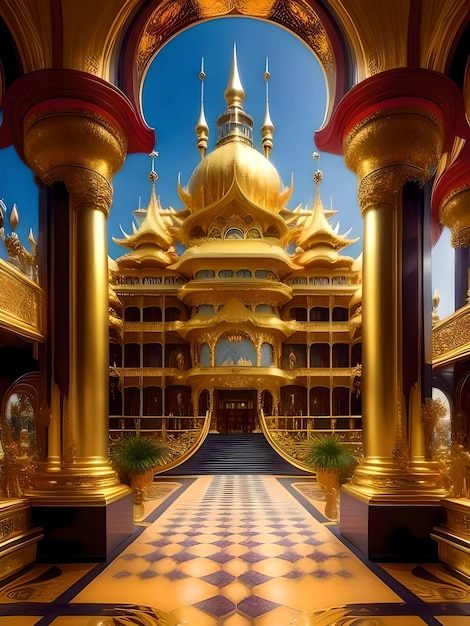 Photo illustration réaliste fantastique d'un palais de luxe fait d'or