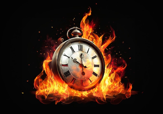 Photo illustration réaliste d'une horloge brûlée isolée sur fond noir
