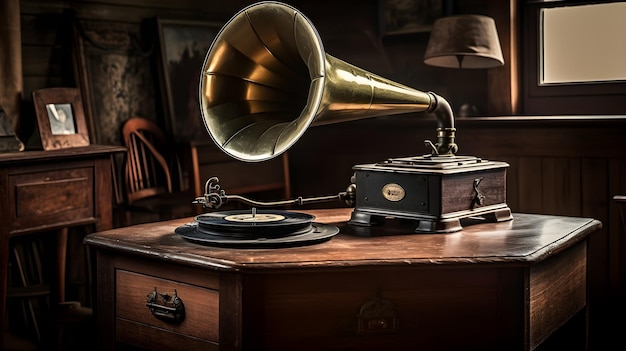 Illustration réaliste d'un instrument de musique gramophone classique ai génératif