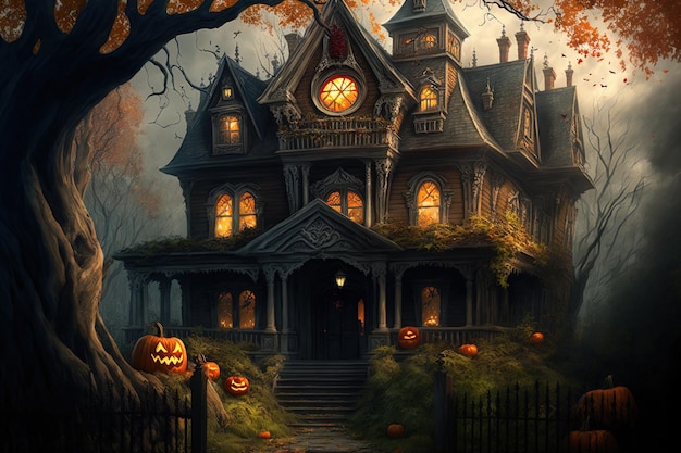 Illustration réaliste d'une maison effrayante pour Halloween, y compris des citrouilles