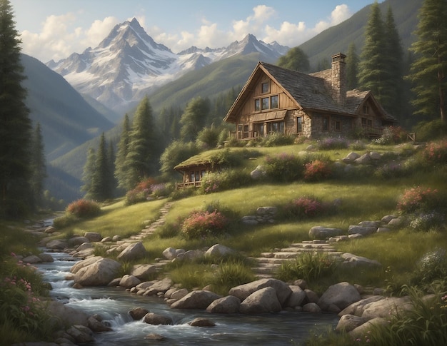 Illustration réaliste d'une maison de village dans la forêt de montagne avec un petit ruisseau