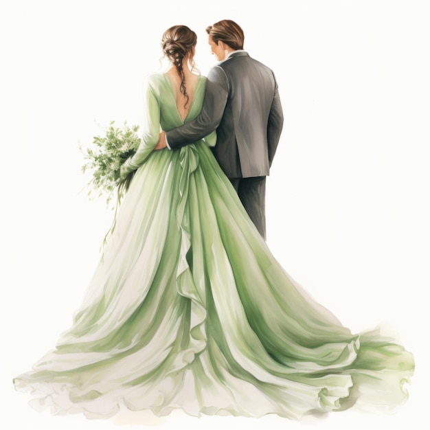 Illustration réaliste de la mariée et du marié en robe verte