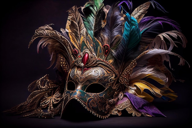 Illustration réaliste Masque de carnaval vénitien avec des plumes sur fond sombre AI générative