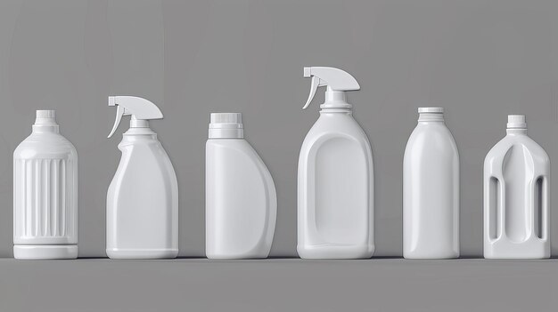 Photo illustration réaliste moderne de maquettes de récipients en plastique blanc avec un espace vide pour l'image de marque à domicile, de gel de lavage textile, de bouteilles d'adoucisseur de tissu organique isolées sur un fond blanc