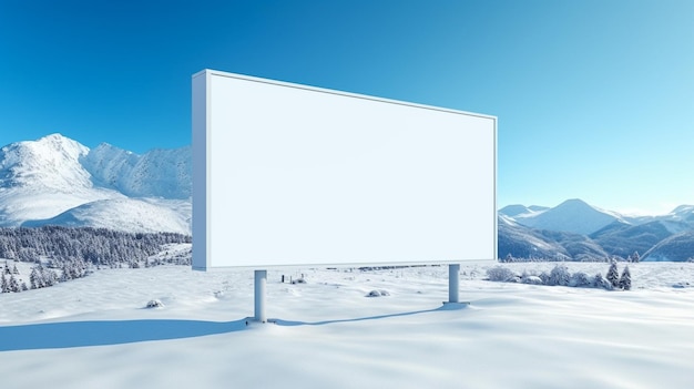Illustration réaliste Panneau d'affichage blanc vierge sur le côté d'une route de montagne en hiver