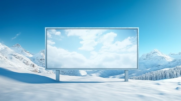 Illustration réaliste Panneau d'affichage blanc vierge sur le côté d'une route de montagne en hiver