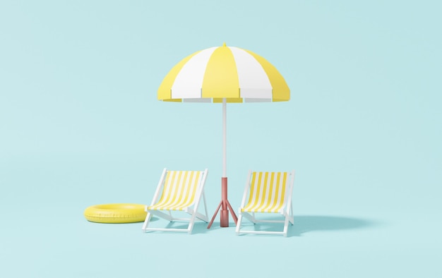 Illustration réaliste de parapluie de plage de fond de vacances d'été sur la chaise été promotion vente bannière site web fond bleu ciel illustration de rendu 3D