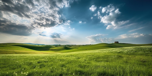 Illustration réaliste de photo générative IA générée par l'IA du paysage de collines d'herbe de champ vert Art graphique