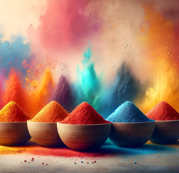 Illustration réaliste de poudres de couleurs disposées dans des bols pour le rang panchami