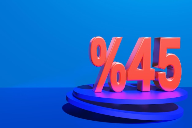 Illustration d'une réduction de 45 % en illustration 3D couleur rouge avec fond bleu et espace de copie