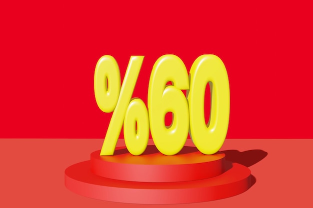 Illustration d'une réduction de 60 % en illustration 3D couleur jaune avec fond rouge et espace de copie