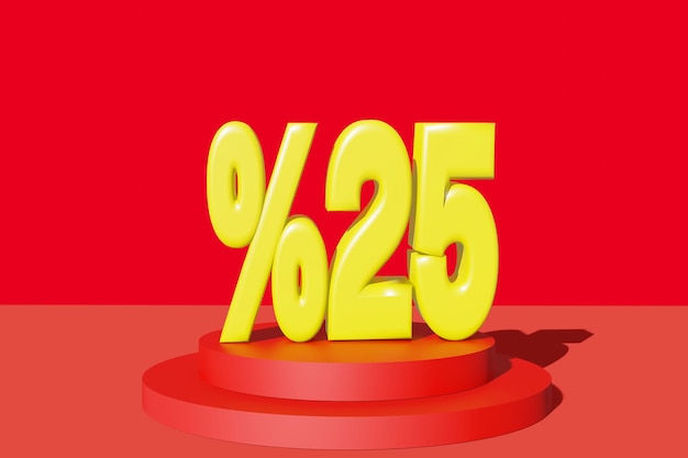 Illustration d'une remise de 25 % en illustration 3D couleur jaune avec fond rouge et espace de copie