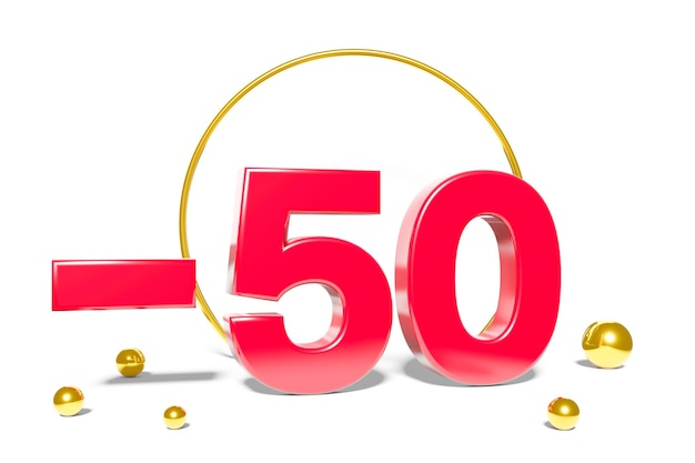 Illustration d'une remise de 50 % en illustration 3D couleur rouge avec fond blanc et espace de copie