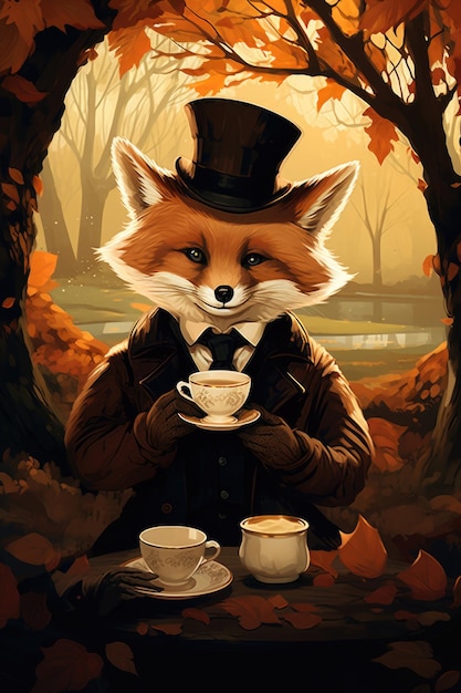 Illustration d'un renard avec une tasse de thé dans la forêt d'automne