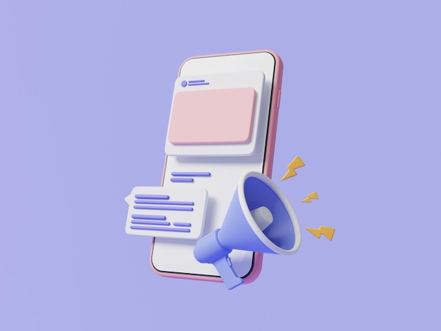 Illustration de rendu 3d de l'amplificateur de mégaphone avec téléphone Concept de marketing d'entreprise Médias sociaux Icône de mégaphone annoncer la promotion Publicité et promotion Nouvelles de promotion en ligne annoncer