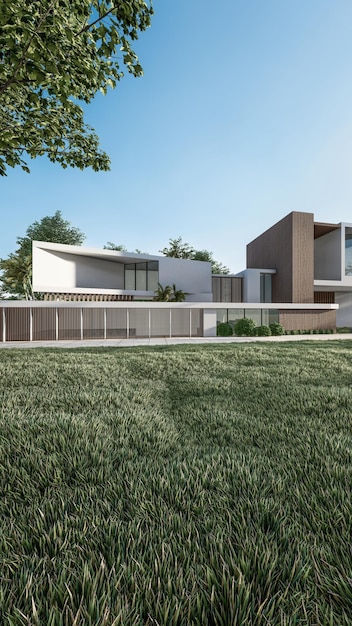 Illustration de rendu 3d d'architecture d'une maison minimale avec une énorme pelouse et une immense fenêtre