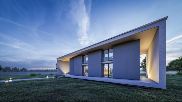 Illustration de rendu 3d d'architecture d'une maison minimale moderne avec paysage naturel et passerelle