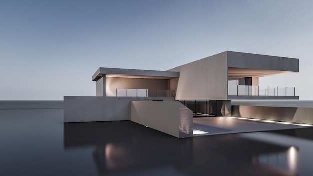 Illustration de rendu 3d d'architecture d'une maison minimale moderne avec paysage naturel