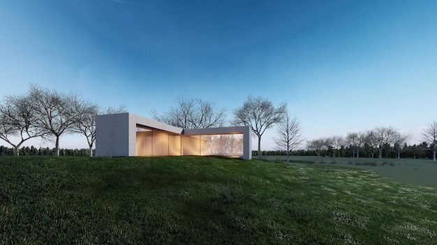 Illustration de rendu 3d d'architecture d'une maison minimale moderne avec paysage naturel