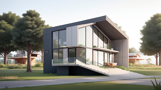 Illustration de rendu 3d d'architecture d'une maison moderne minimale avec paysage naturel
