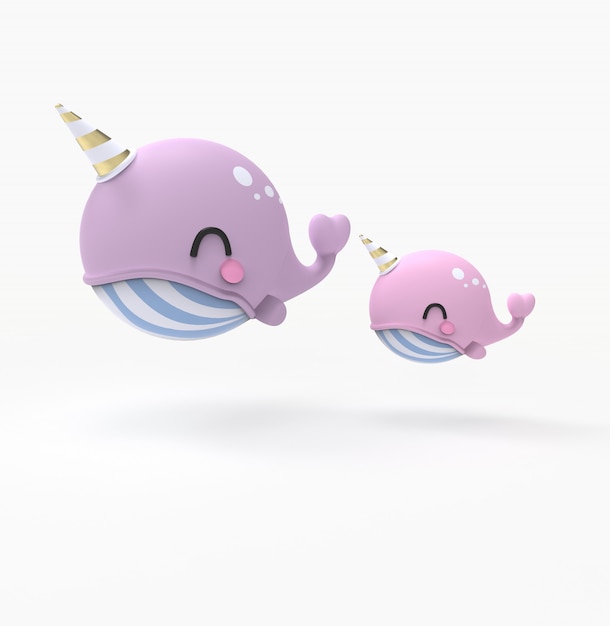 Illustration de rendu 3D de baleine kawaii, narval dans la mer. Vaquita et baleine de personnage de dessin animé mignon