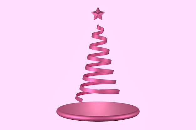 Illustration de rendu 3D d'une bande de ruban rose se tordant en forme d'arbre de Noël avec étoile rose et un piédestal.