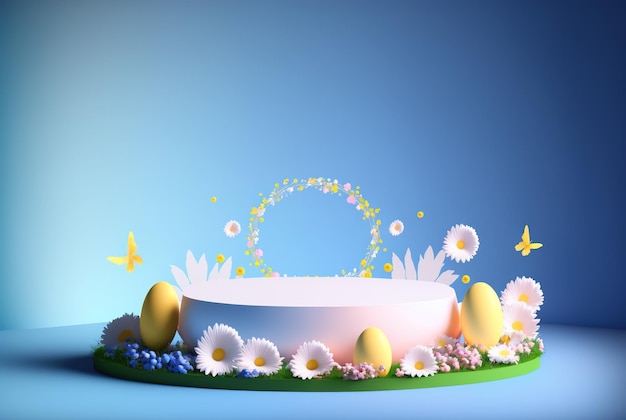 Illustration de rendu 3D de la bannière de fond de voeux de Pâques avec des oeufs et des fleurs de scène de podium de produit