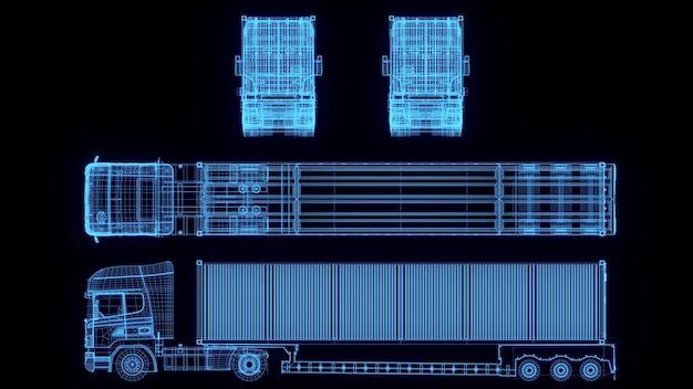 Illustration de rendu 3D Camion camion avec plan de conteneur hologramme néon brillant futuriste