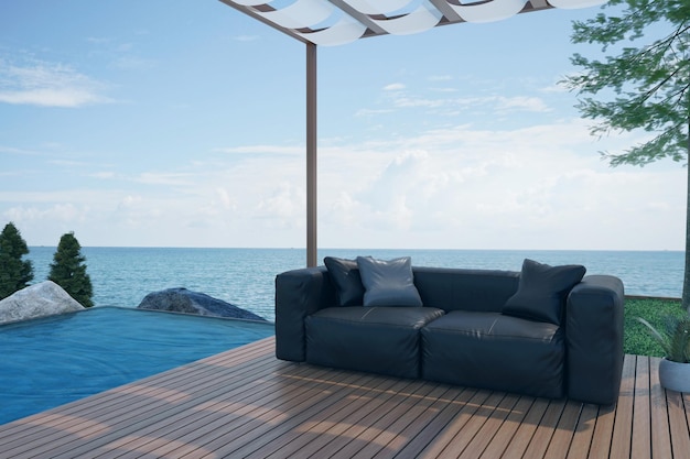 Illustration de rendu 3D canapé moelleux sur la terrasse en bois aire de repos extérieure piscine villa haute luxe vue sur la mer bleue et ciel été pour se détendre en famille temps heureux terrasse ensoleillée de la station détente été