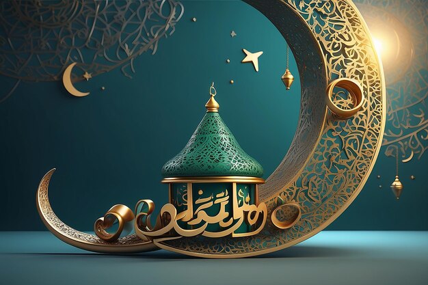 Illustration de rendu 3D de la carte de vœux banner du Ramadan Kareem Cannon traduction du texte arabe