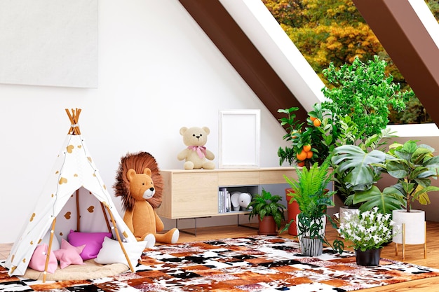 Illustration en rendu 3d d'une chambre d'enfant mansardée lumineuse avec des plantes d'intérieur