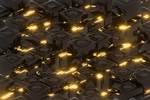 Illustration de rendu 3D de formes géométriques noires avec des néons lumineux