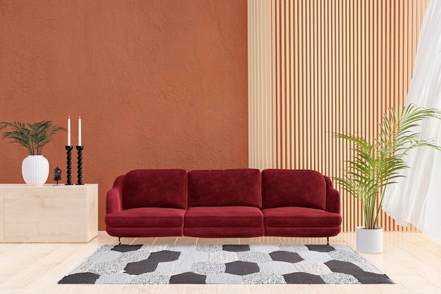Illustration en rendu 3d d'un grand canapé canapé rouge dans un salon ensoleillé