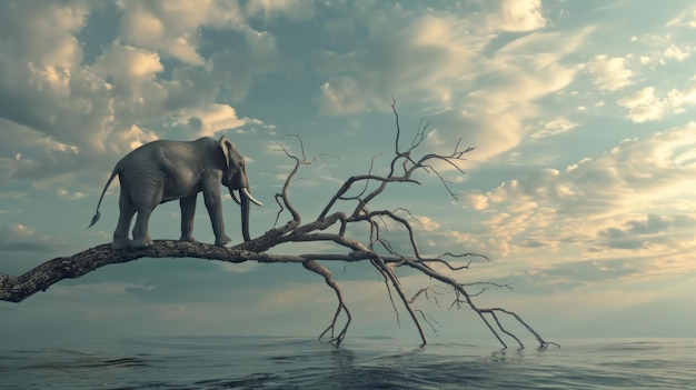 Illustration de rendu 3D grand éléphant animal se tient sur la branche d'un arbre sur le paysage extérieur généré par l'IA