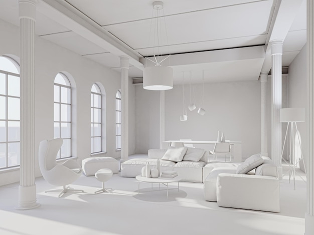 Illustration rendu 3D grands intérieurs lumineux modernes de luxe Maquette de salon image générée numériquement par ordinateur