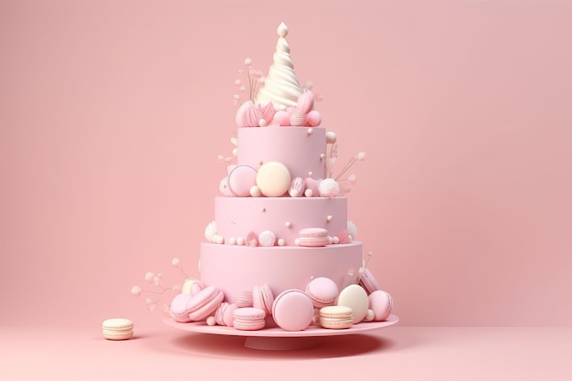 Illustration de rendu 3d d'une IA générative de gâteau de mariage rose mignon
