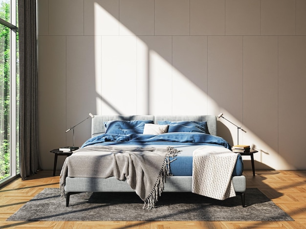 Illustration Rendu 3D Intérieurs de chambre à coucher modernes et lumineux image générée par ordinateur