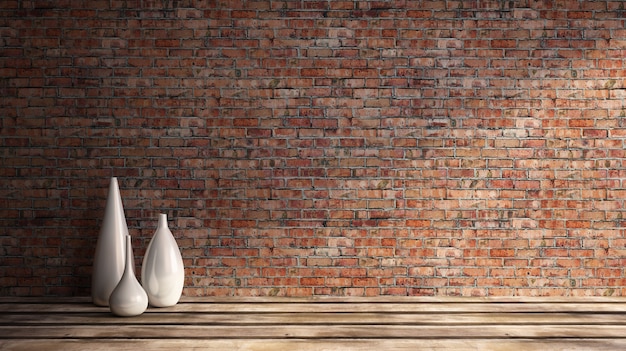 Photo illustration de rendu 3d de la journée ensoleillée du salon grungy vieux mur de briques rouges vases plancher en bois