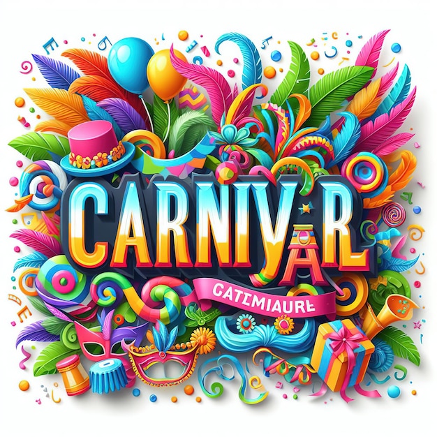 Illustration de rendu 3D Lettrage coloré pour le carnaval avec des éléments de fête décorés sur fond blanc Espace de conception d'en-tête ou de bannière pour le texte ou le messagei généré