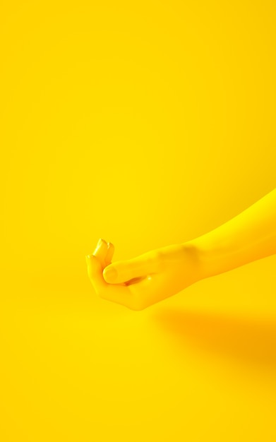 Illustration de rendu 3D des mains jaunes. Parties du corps humain. Scène de concept pour des projets de conception graphique. Matériau brillant en plastique brillant. Bannière de cravate verticale.