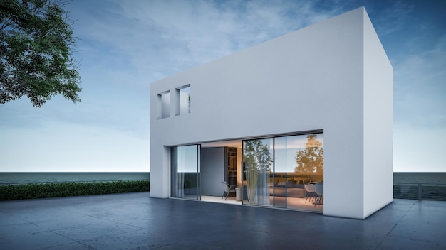 Illustration de rendu 3d d'une maison de bord de mer minimale moderne avec passerelle