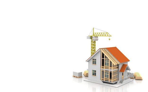 Illustration de rendu 3d de la maison avec intérieur ouvert sur le dessus Documents bleus calculs de grue et d'hypothèque