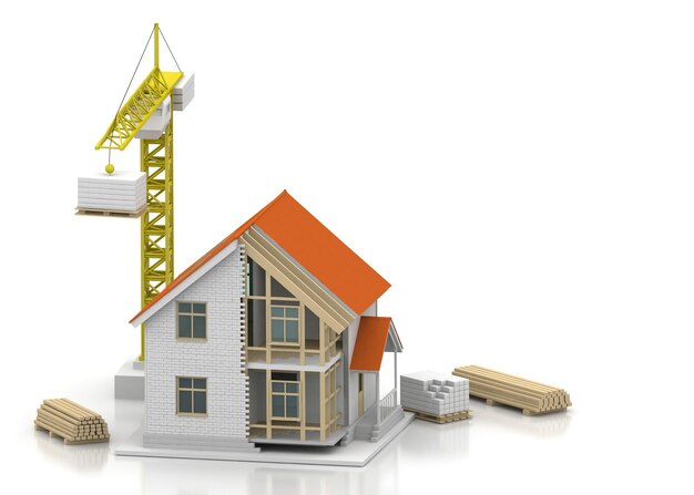 Photo illustration de rendu 3d de la maison avec intérieur ouvert sur le dessus documents bleus calculs de grue et d'hypothèque